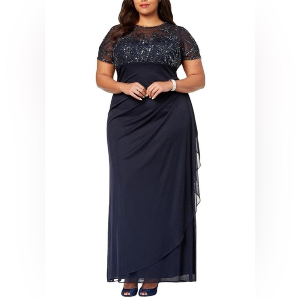 XSCAPE Women’s Navy Dress Beaded Empire-Waist Formal Gown Plus Size 14W -DISPLAY